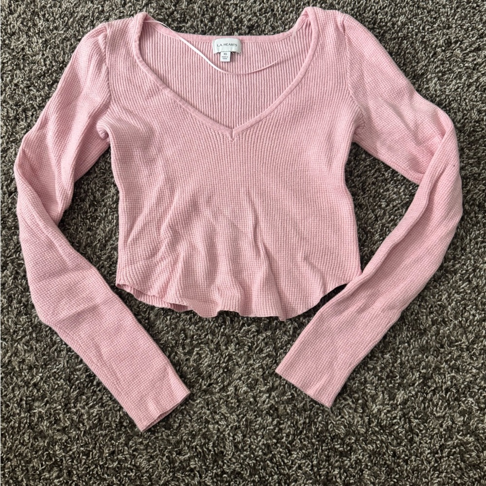 La Hearts Pink V-Neck Ribbed Sweater